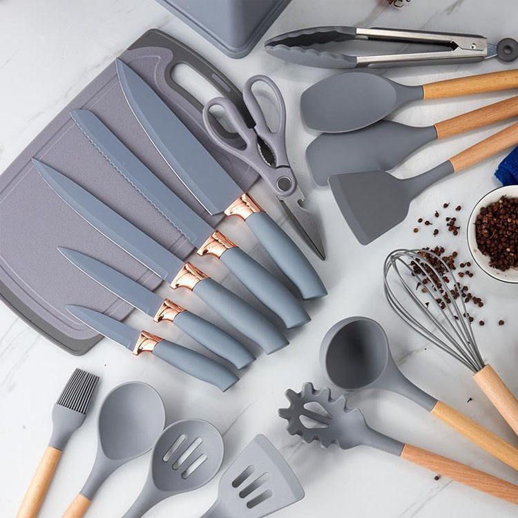 ZS - Silicone Kitchenware Set 19 Pieces Knife & Spoon Set With Storage Rack