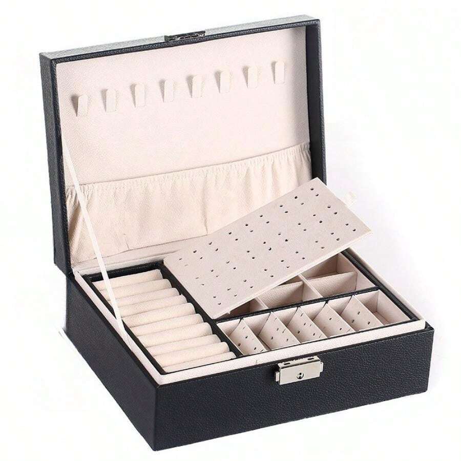 ZS - Multi-grid Lockable Jewelry Storage Box, White Double Layer Ring Box, For Home
