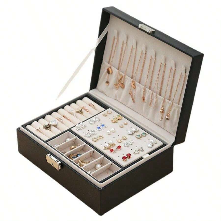 ZS - Multi-grid Lockable Jewelry Storage Box, White Double Layer Ring Box, For Home