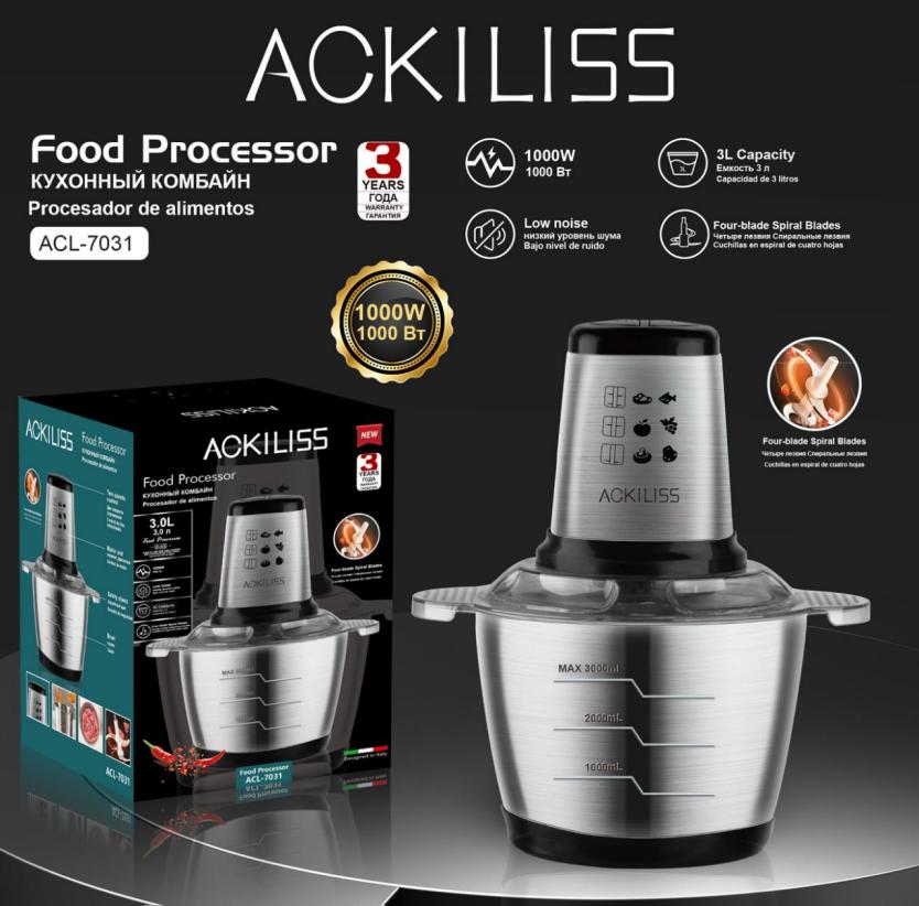 ZS - ACKILISS 3L 1000W Stainless Steel Food Processor