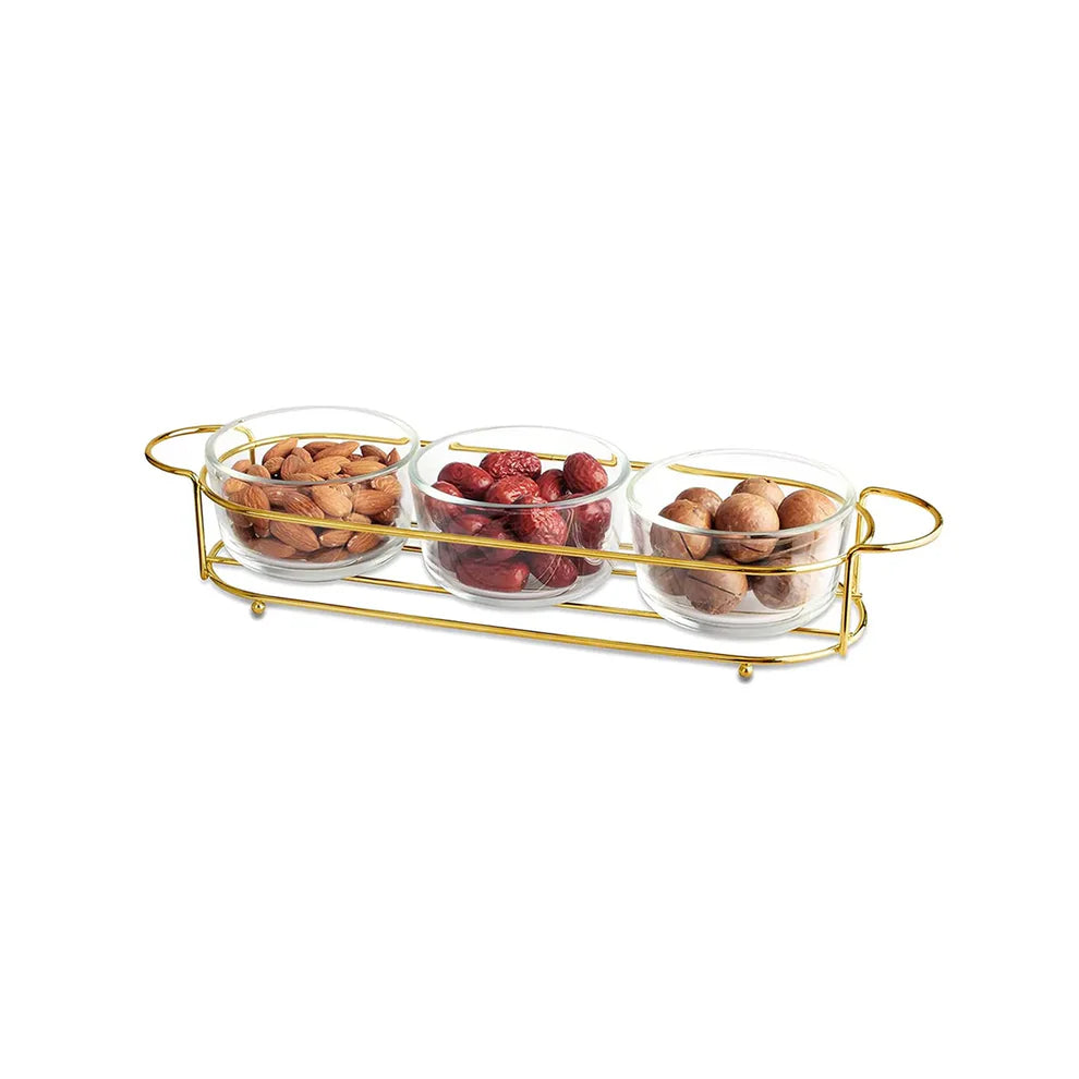 ZS - 3 Piece Candy Glass Bowl with Metal Stand Set Gold