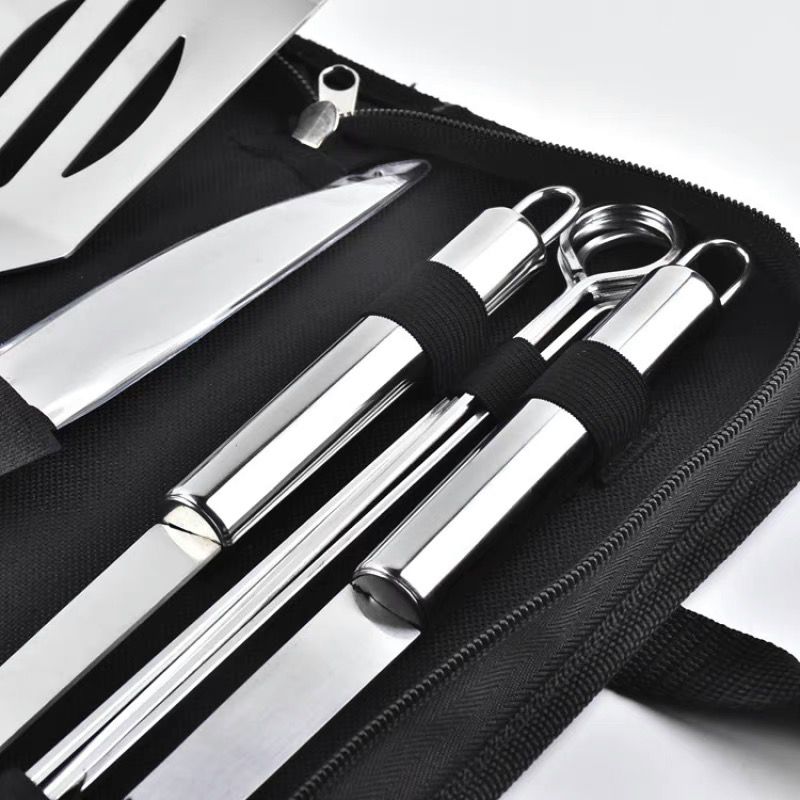 ZS - Stainless Steel Camping Braai 9pcs Utensil Set Portable Braai Grill Tools