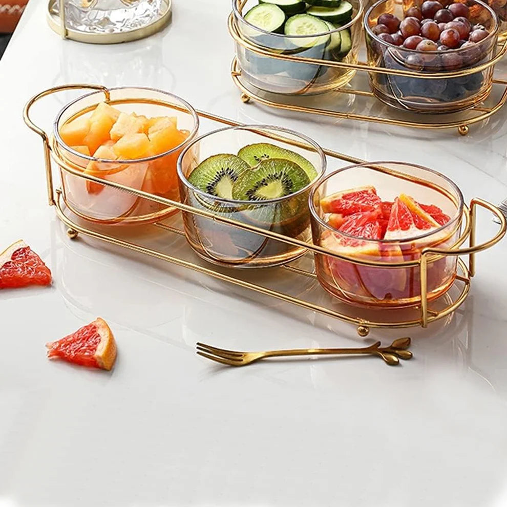 ZS - 3 Piece Candy Glass Bowl with Metal Stand Set Gold