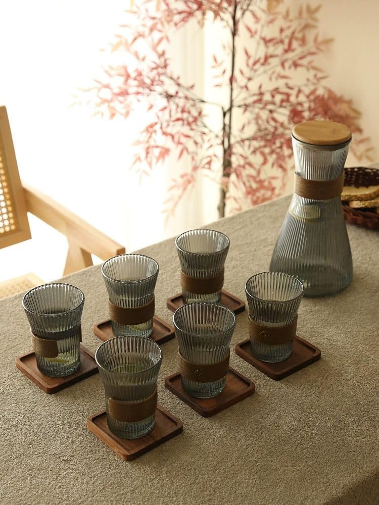 ZS - Ribbed Glass Pitcher Set with 6 Cups