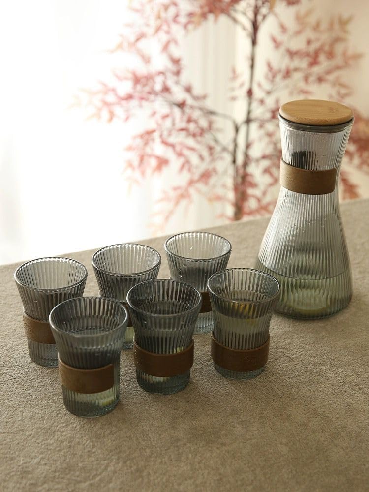 ZS - Ribbed Glass Pitcher Set with 6 Cups