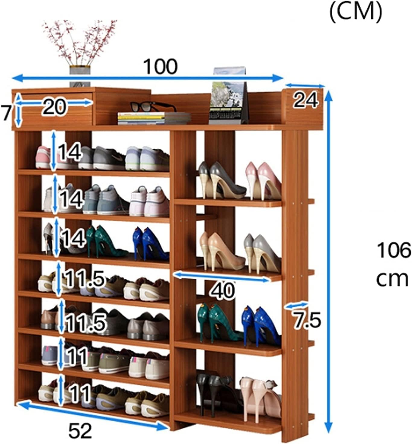 ZS - 7-Tiers Wooden Shoe Rack Cabinet with Drawers