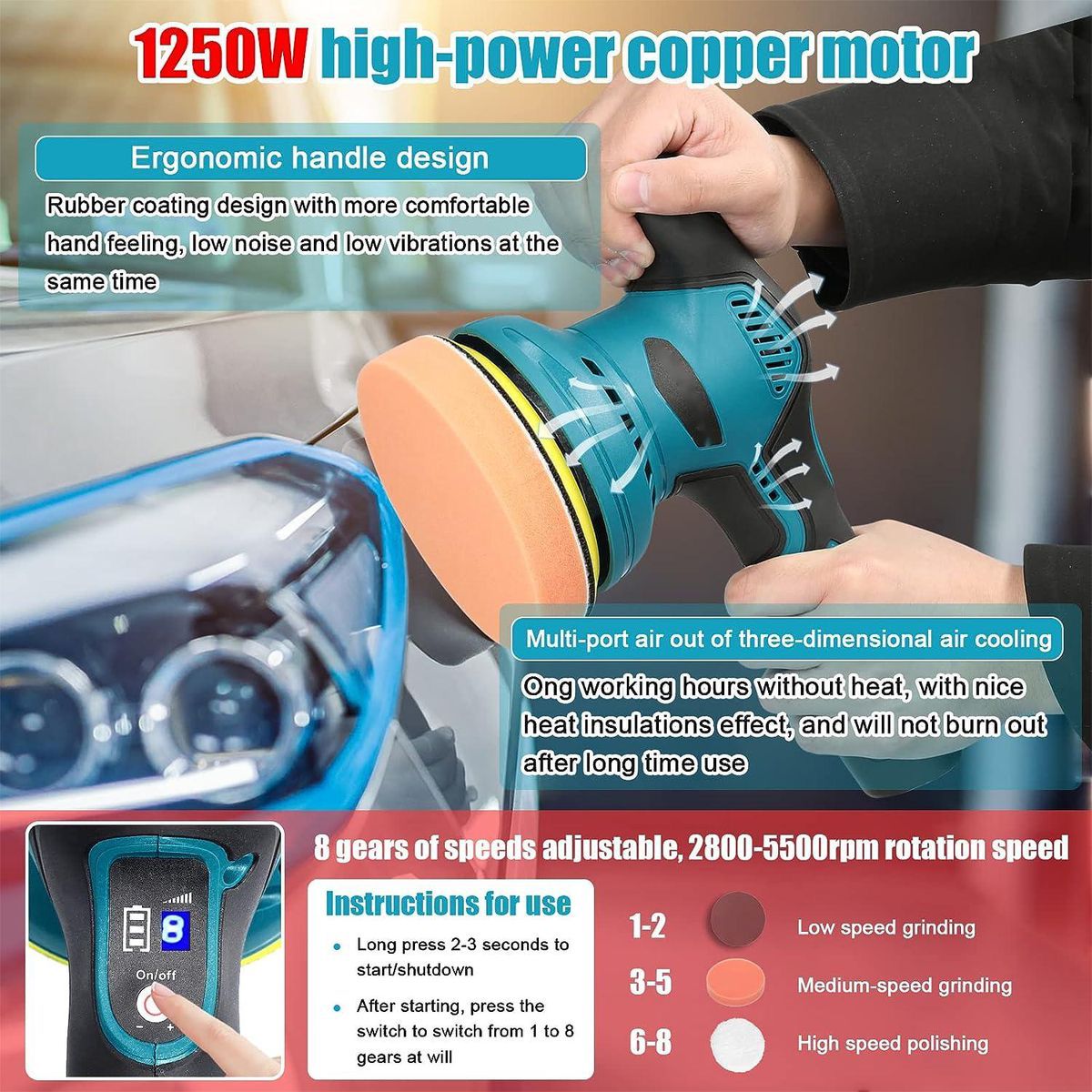ZS - Car Polishing Machine 8 Speed Levels Adjustable CORDLESS