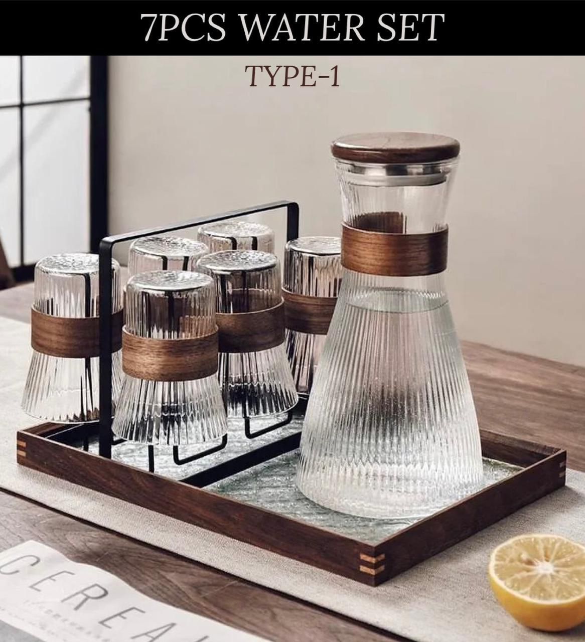 ZS - Ribbed Glass Pitcher Set with 6 Cups