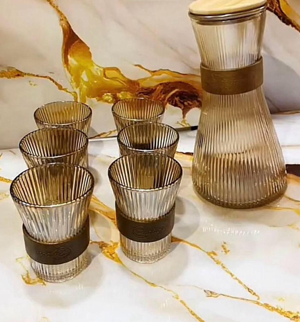 ZS - Ribbed Glass Pitcher Set with 6 Cups