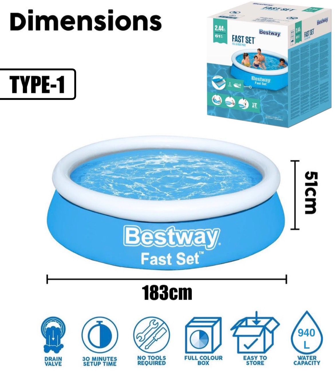 ZS - BEST-WAY® Fast Set Inflatable Swimming Pool 940L