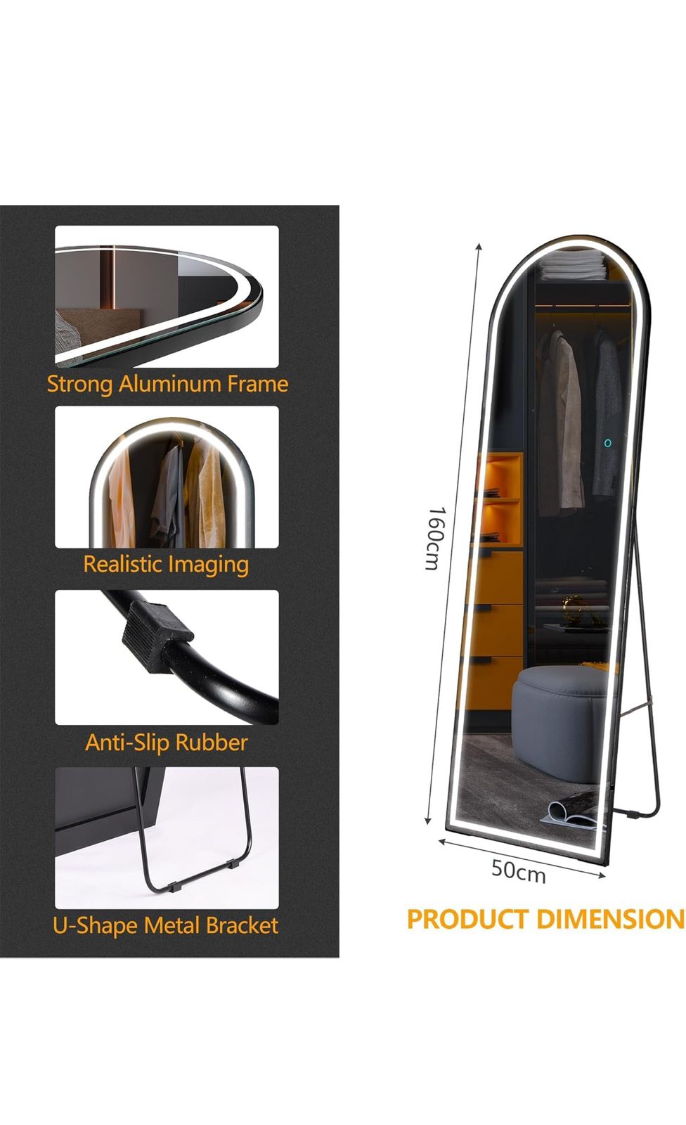 ZS - Full Length arched Mirror with LED Lights: 50cm x 160cm