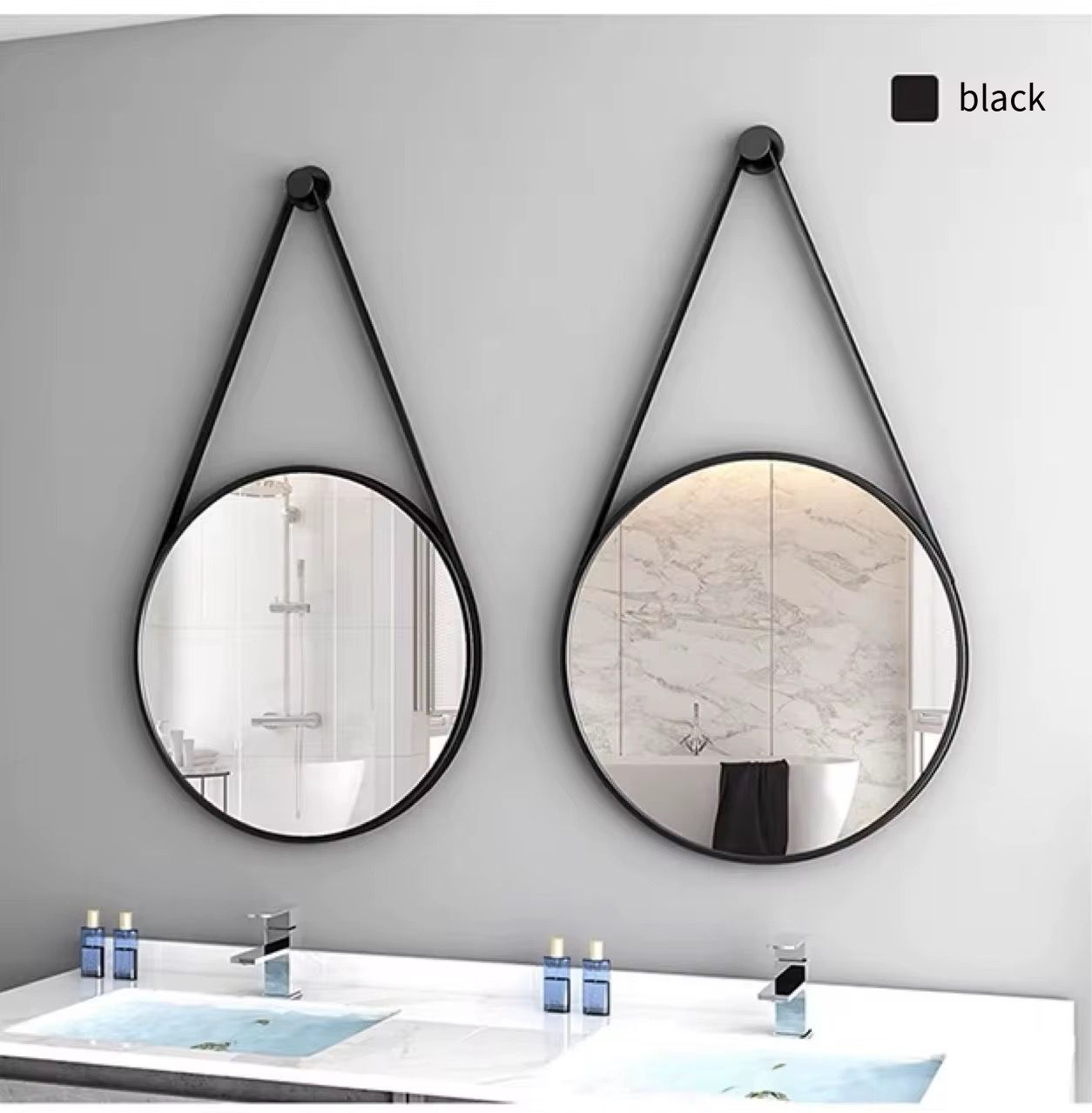 ZS - 48cm Round Hanging Mirror With Leather Strap