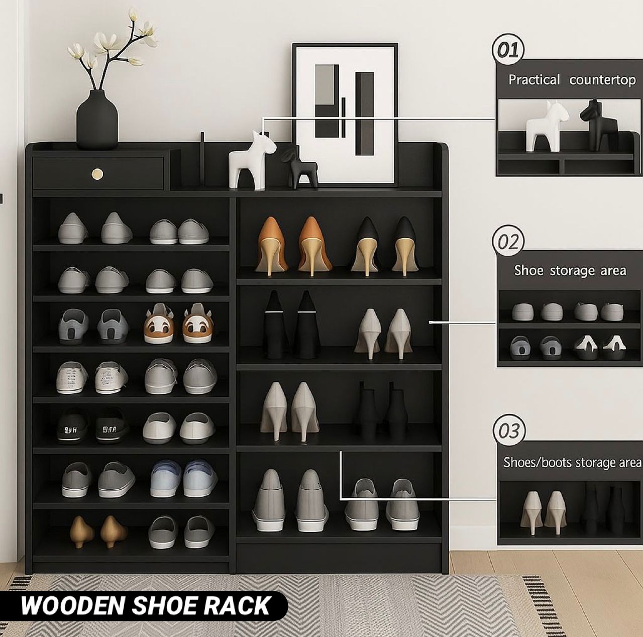 ZS - 7-Tiers Wooden Shoe Rack Cabinet with Drawers
