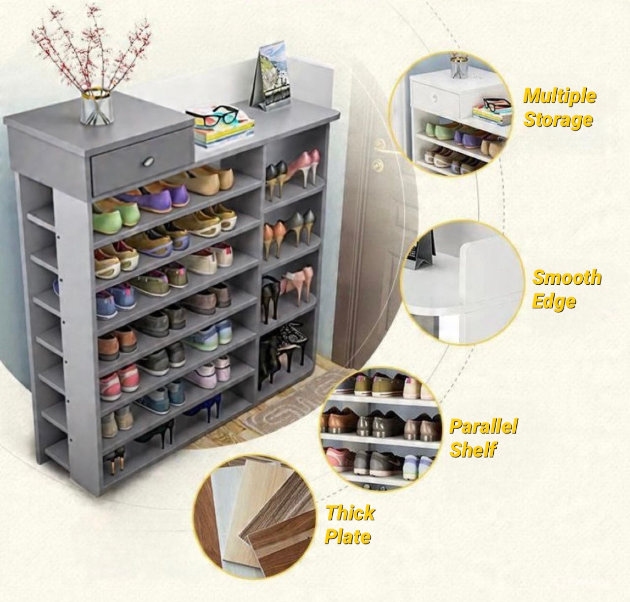 ZS - 7-Tiers Wooden Shoe Rack Cabinet with Drawers