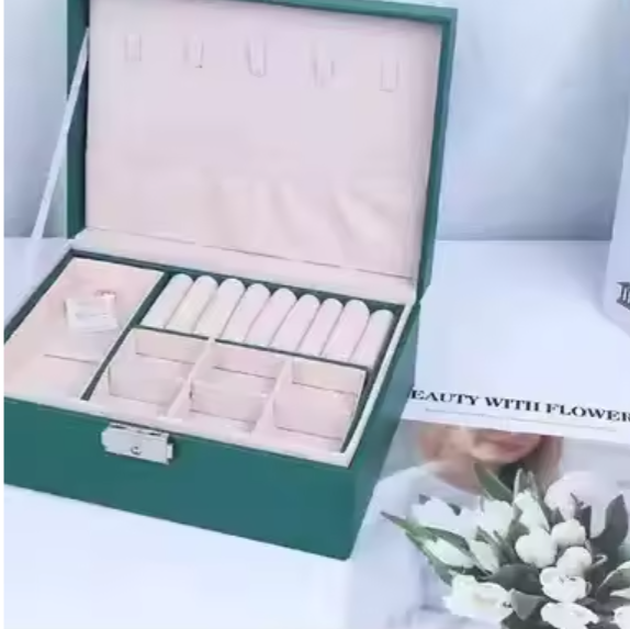 ZS - Compact PU Leather Double Layer Lockable Jewelry Storage Box Organizer-Tiered Tray