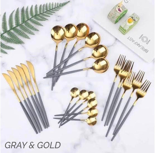 Z S MERCH 2 Tone Cutlery Set 24pcs, gray and gold finish