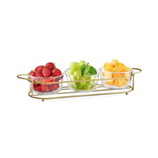 ZS - 3 Piece Candy Glass Bowl with Metal Stand Set Gold