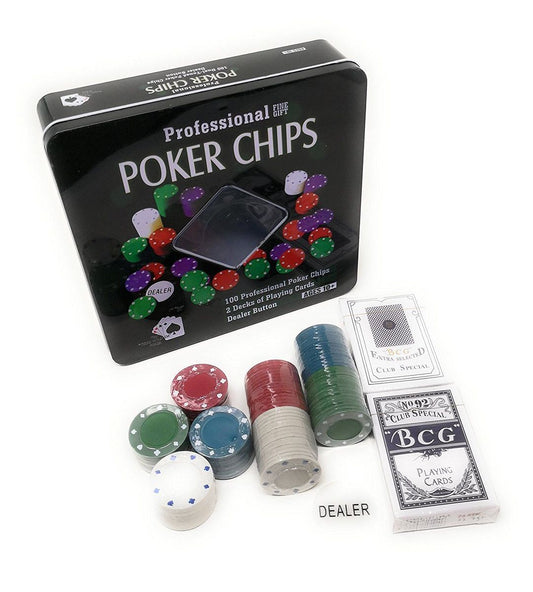 ZS - Poker Set 100 Pieces Professional Poker Chips + 2 Decks of Cards & Dealer Button