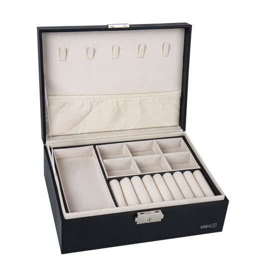 ZS - Compact PU Leather Double Layer Lockable Jewelry Storage Box Organizer-Tiered Tray