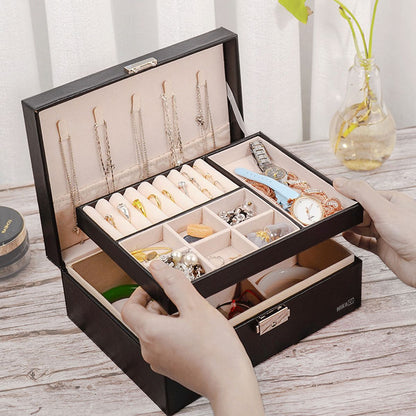 ZS - Compact PU Leather Double Layer Lockable Jewelry Storage Box Organizer-Tiered Tray