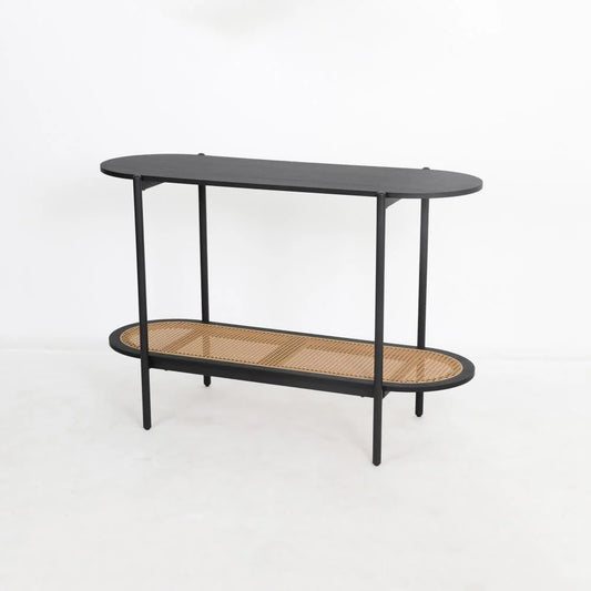 ZS - Rattan and Black Wood Two-Tier Console Table