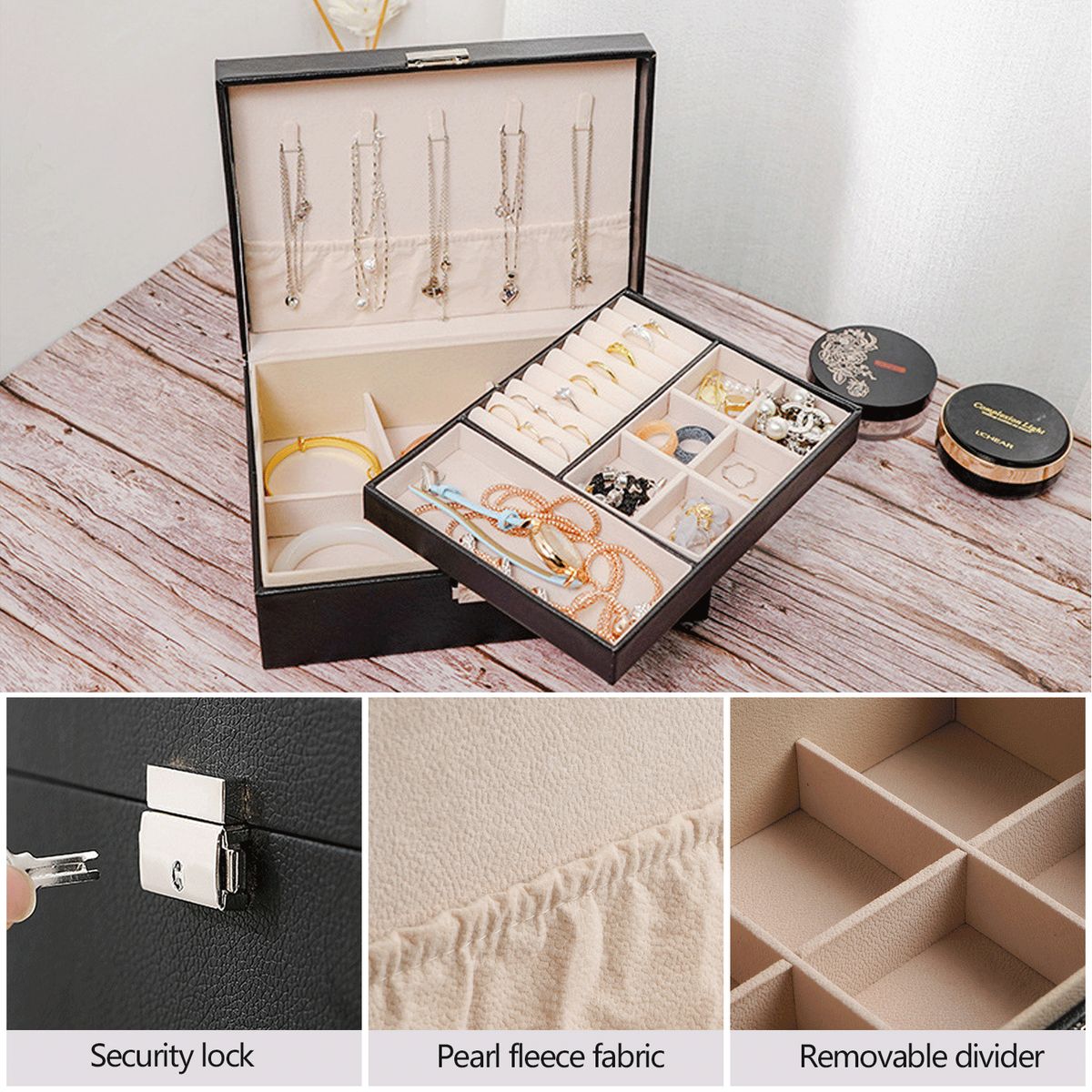 ZS - Compact PU Leather Double Layer Lockable Jewelry Storage Box Organizer-Tiered Tray