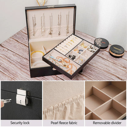 ZS - Compact PU Leather Double Layer Lockable Jewelry Storage Box Organizer-Tiered Tray