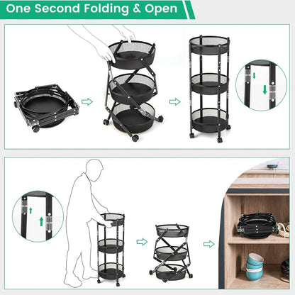 ZS - Folding Kitchen Storage Rack, 3 Tier Storage Rack Shelf with Wheels