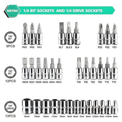 ZS - 216Pcs Screwdriver Bits Socket, Spanner, and Wrench Sockets Sets Hand Tools