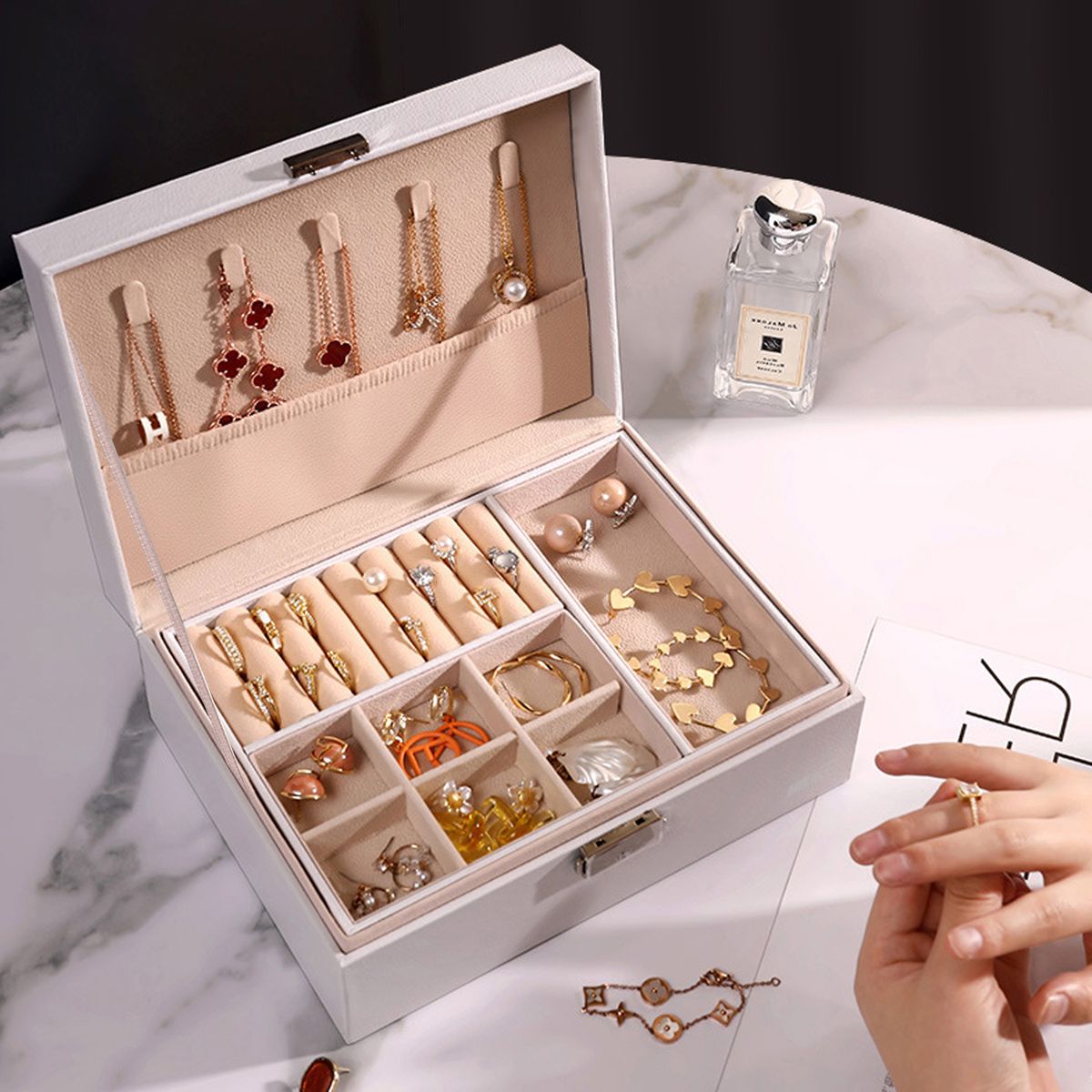 ZS - Compact PU Leather Double Layer Lockable Jewelry Storage Box Organizer-Tiered Tray
