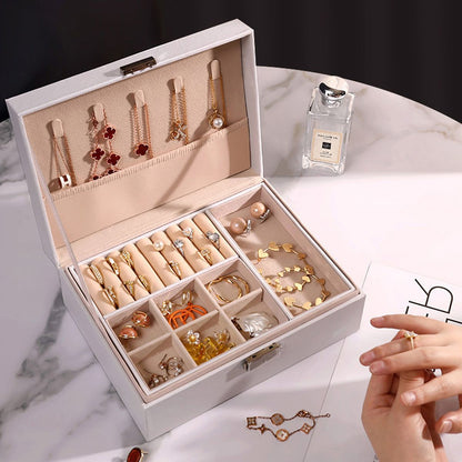 ZS - Compact PU Leather Double Layer Lockable Jewelry Storage Box Organizer-Tiered Tray