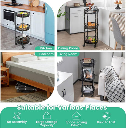 ZS - Folding Kitchen Storage Rack, 3 Tier Storage Rack Shelf with Wheels