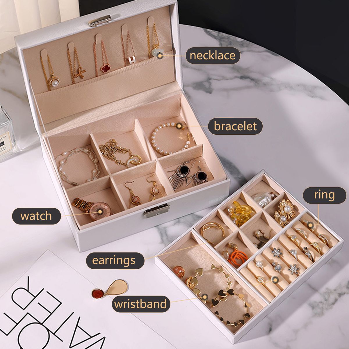 ZS - Compact PU Leather Double Layer Lockable Jewelry Storage Box Organizer-Tiered Tray