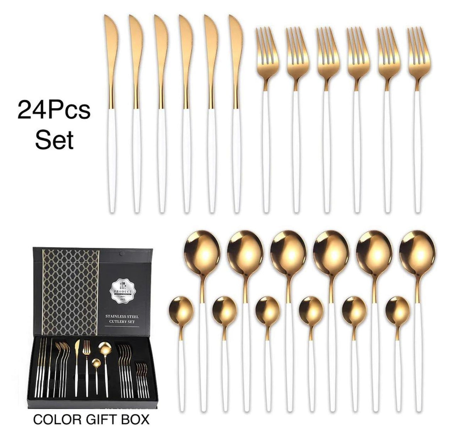 ZS - 2 Tone Cutlery Set 24pcs Set - White and Gold