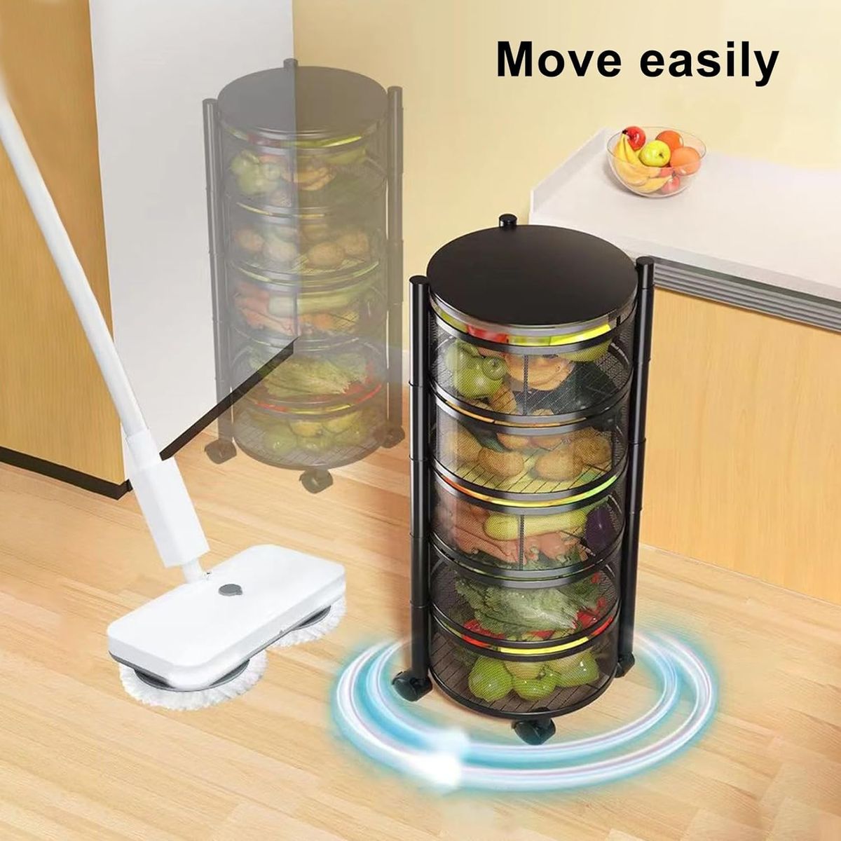 ZS - 5 Tier Fruit Shelf Basket Storage Rack Rotating Wheels