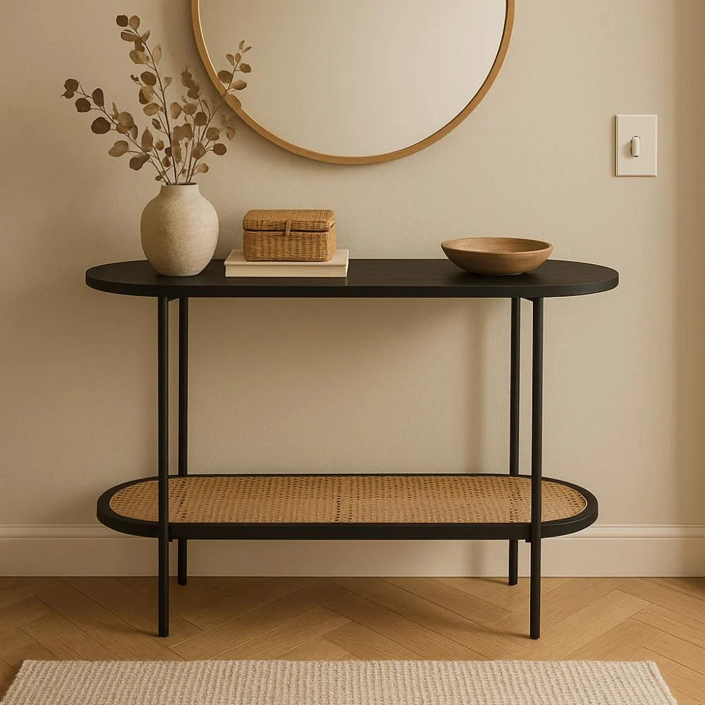 ZS - Rattan and Black Wood Two-Tier Console Table