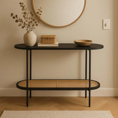 ZS - Rattan and Black Wood Two-Tier Console Table