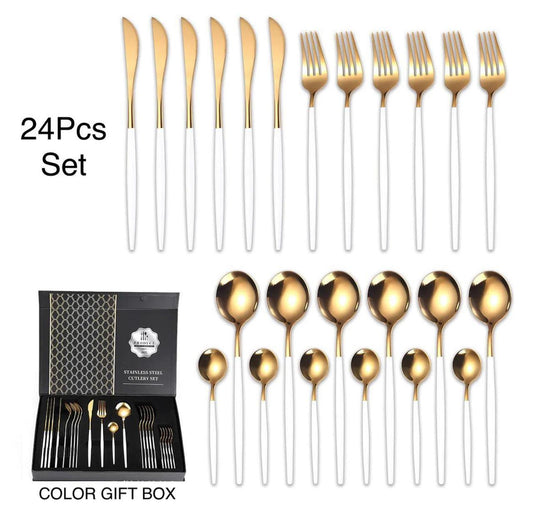 ZS - 2 Tone Cutlery Set 24pcs Set - White and Gold