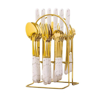 ZS - 24pcs Gold Dinnerware Flatware Set with Marbled Ceramic Handle & Holder