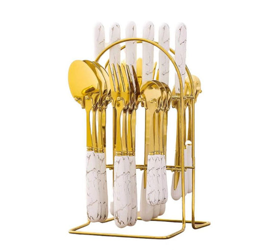 ZS - 24pcs Gold Dinnerware Flatware Set with Marbled Ceramic Handle & Holder