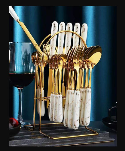ZS - 24pcs Gold Dinnerware Flatware Set with Marbled Ceramic Handle & Holder