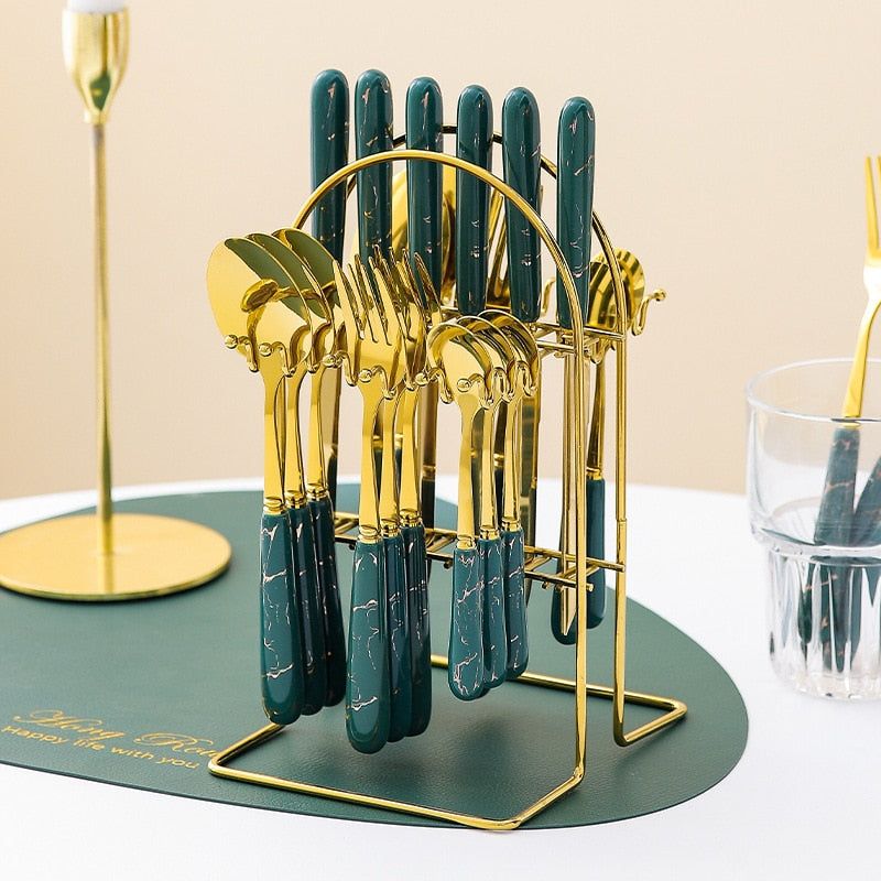 ZS - 24pcs Gold Dinnerware Flatware Set with Marbled Ceramic Handle & Holder