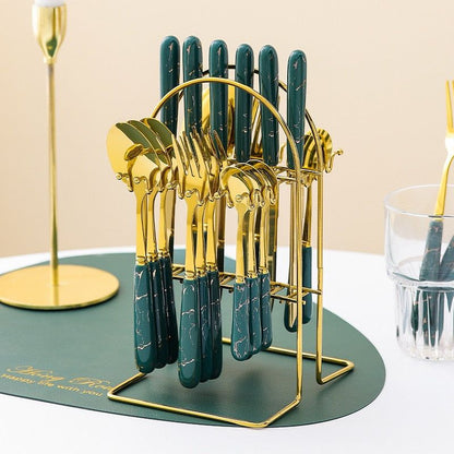 ZS - 24pcs Gold Dinnerware Flatware Set with Marbled Ceramic Handle & Holder