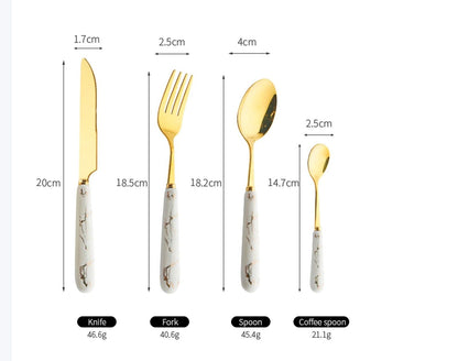 ZS - 24pcs Gold Dinnerware Flatware Set with Marbled Ceramic Handle & Holder