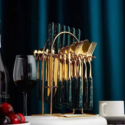 ZS - 24pcs Gold Dinnerware Flatware Set with Marbled Ceramic Handle & Holder