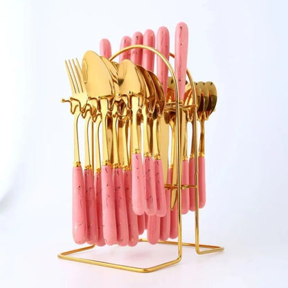 ZS - 24pcs Gold Dinnerware Flatware Set with Marbled Ceramic Handle & Holder