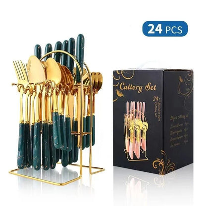 ZS - 24pcs Gold Dinnerware Flatware Set with Marbled Ceramic Handle & Holder