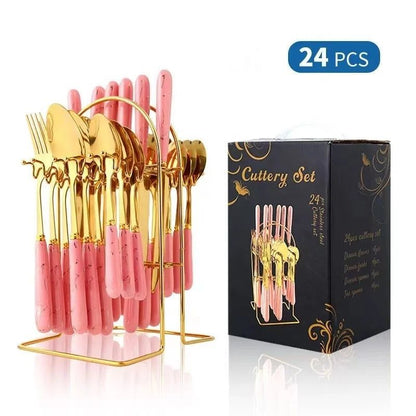 ZS - 24pcs Gold Dinnerware Flatware Set with Marbled Ceramic Handle & Holder