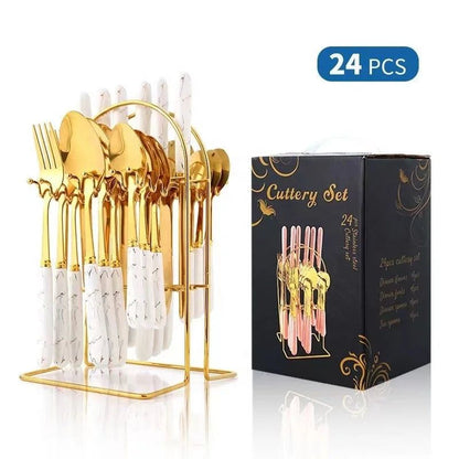 ZS - 24pcs Gold Dinnerware Flatware Set with Marbled Ceramic Handle & Holder