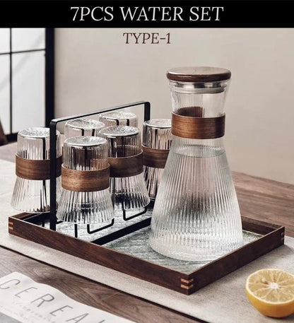 ZS - Ribbed Glass Pitcher Set with 6 Cups
